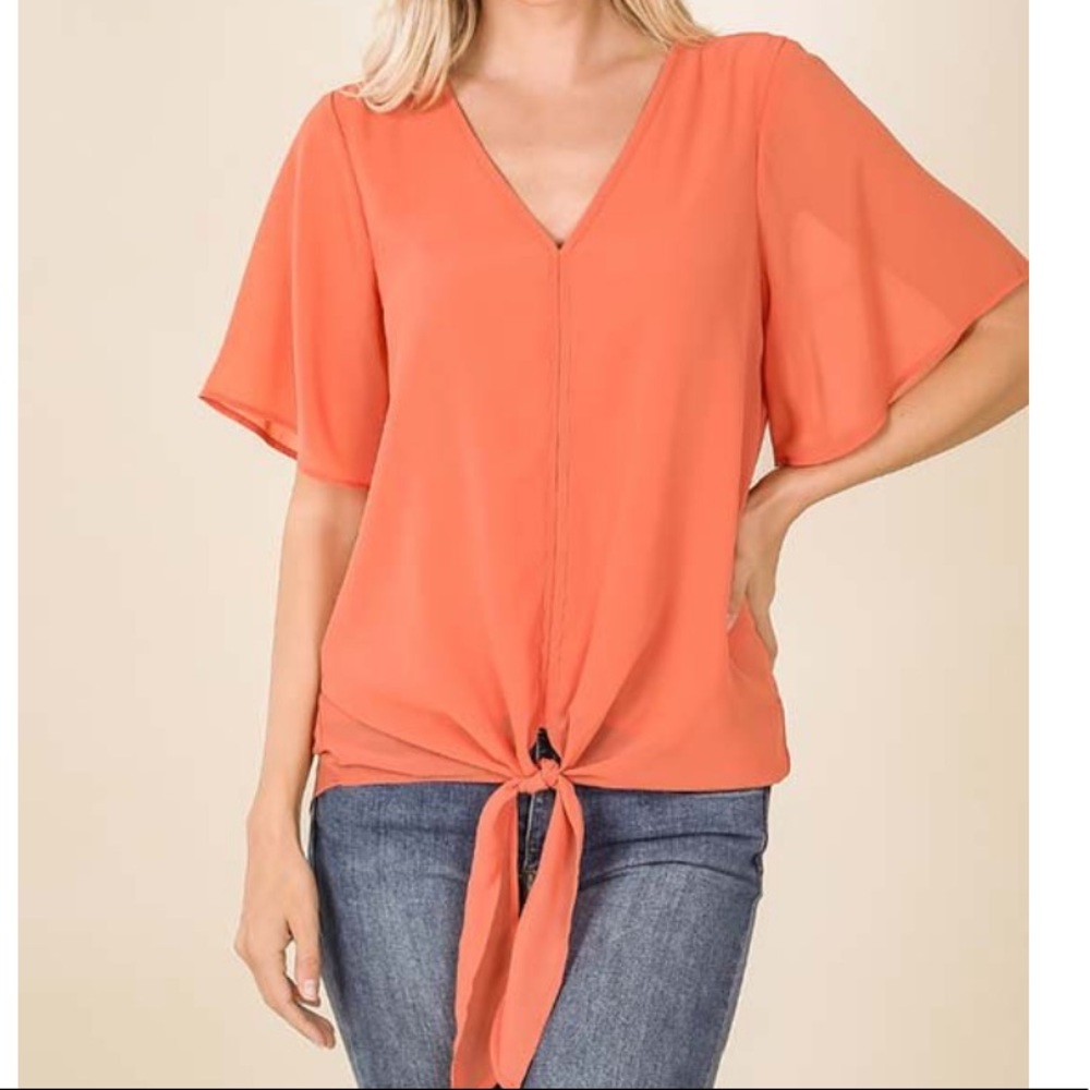 Ash Copper V-Neck Front-Tie Chiffon Top - Women